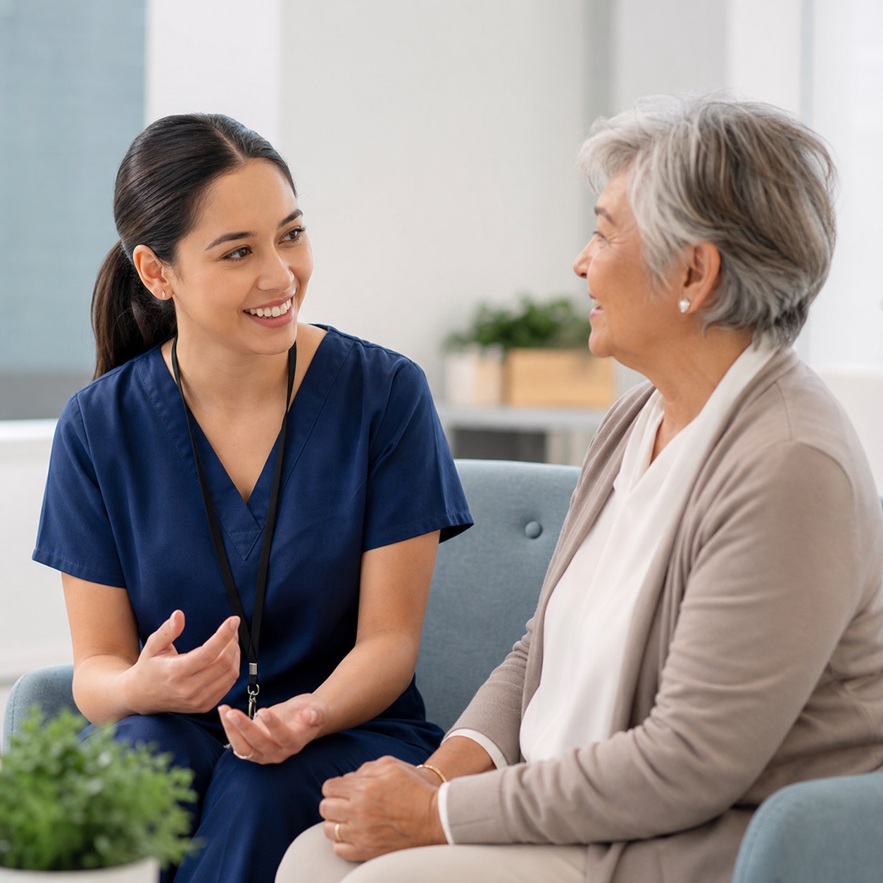 Research nurse speaking warmly with an older clinical trial participant