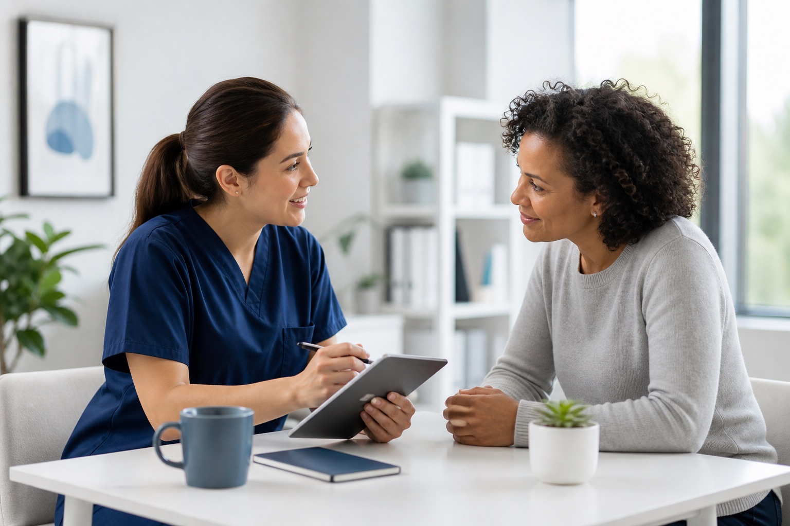 Clinical trial participant meeting with a study coordinator